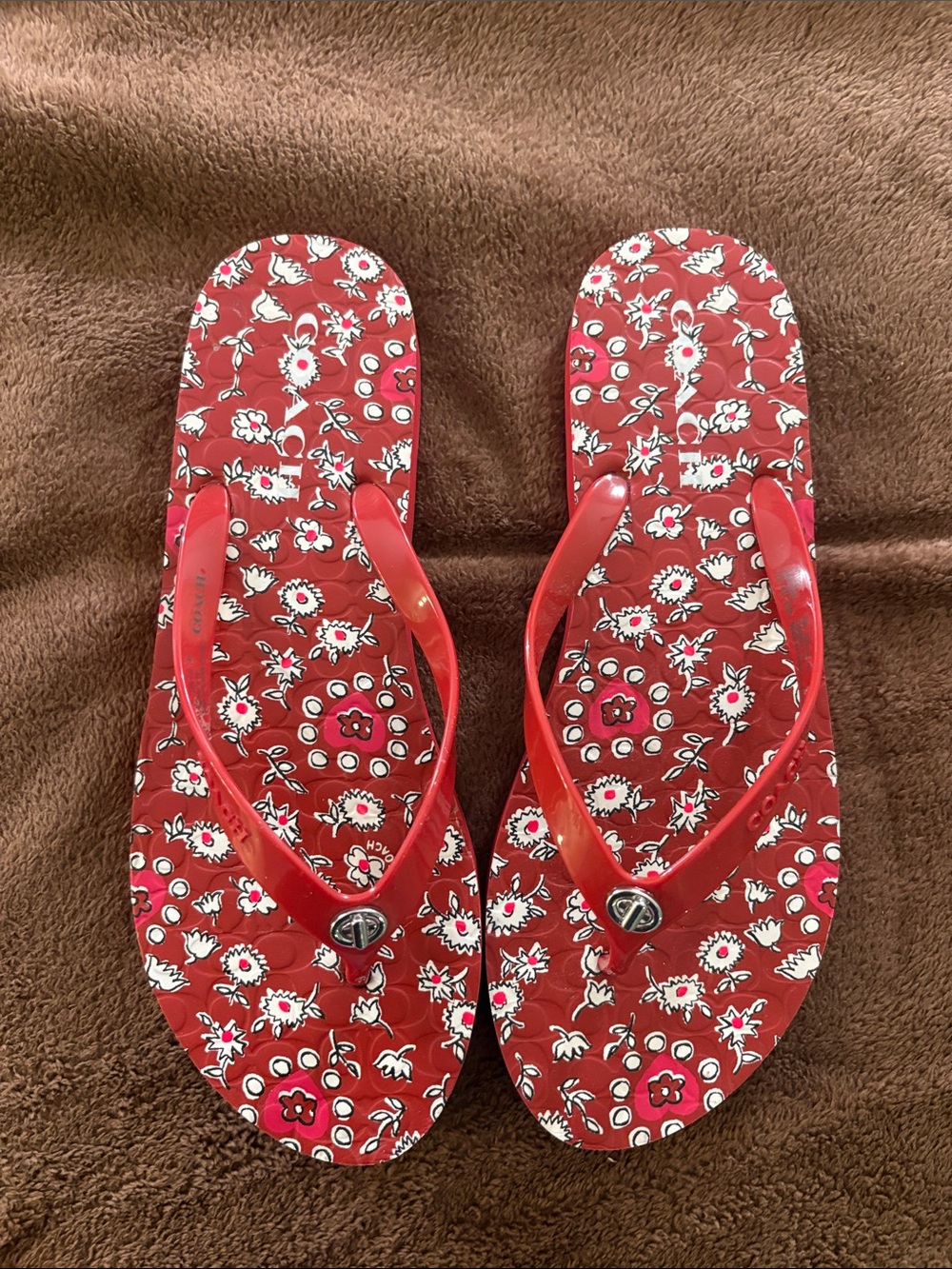Coach Red Logo Pattern Flip Flops